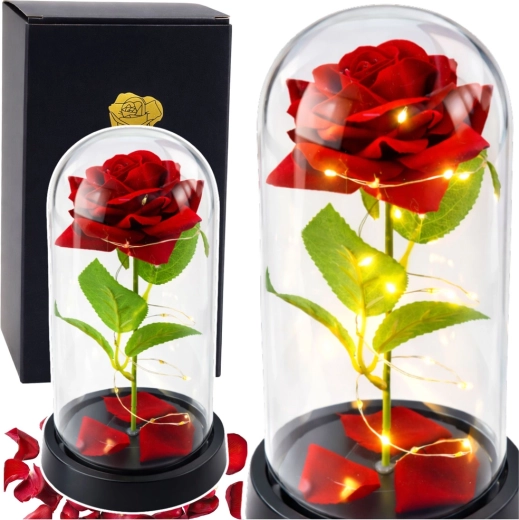 Rose rouge éternelle sous cloche en verre avec éclairage LED 21,5 × 11 cm