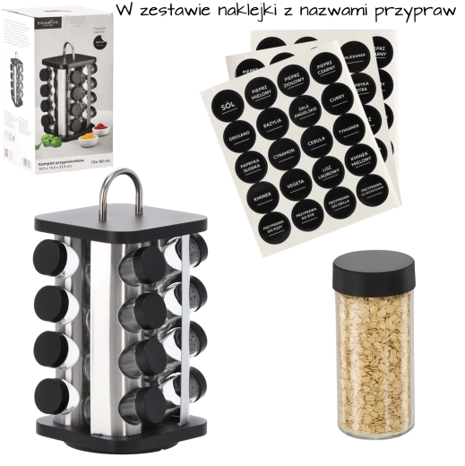 Draaibare vierkante kruidenstandaard met handgreep, 16 potjes, zwart‑zilver, 16,5 × 16,5 × 33,5 cm