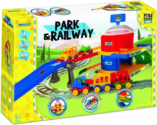 Park & Railway track layout with station and parking garage for kids