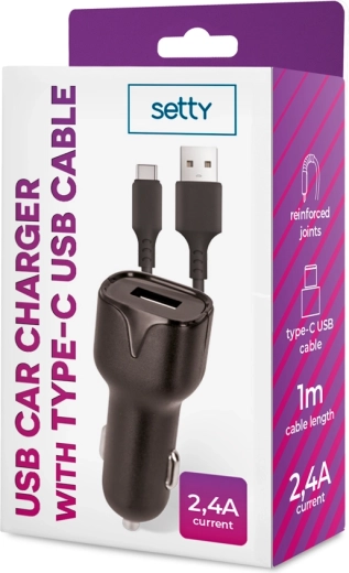 Setty car charger 1× USB 2.4 A black + USB‑C cable 1 m