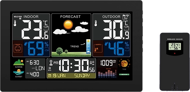 Solight Wetterstation mit XL-Farb-LCD-Display, Temperatur, Luftfeuchtigkeit, Luftdruck, RCC, schwarz