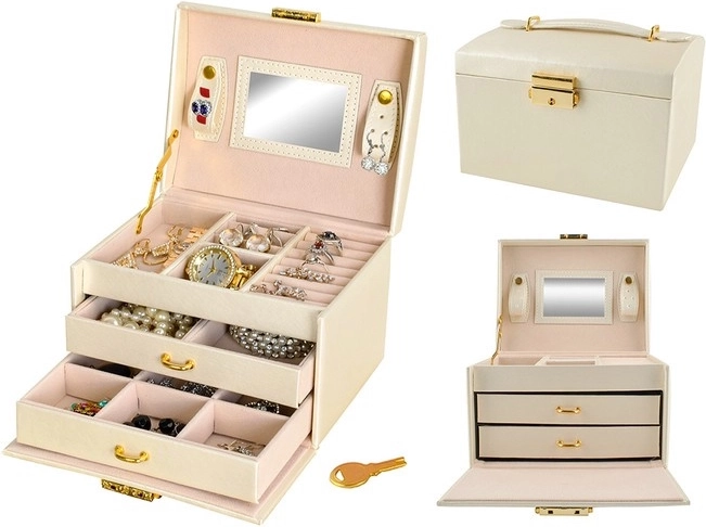 Boîte à bijoux satinée avec clé et miroir – Beige