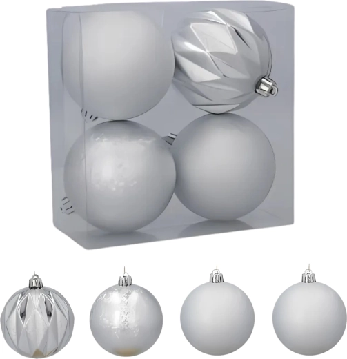 Set of 4 silver Christmas ornaments 8 cm