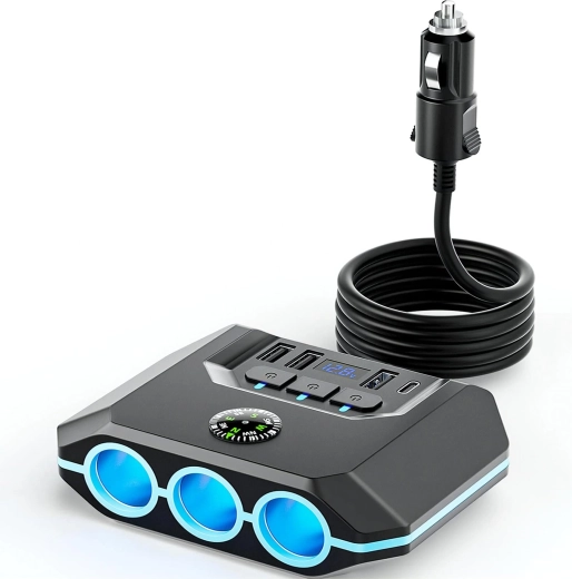Zigarettenanzünder-Verteiler RENEW FORCE 120 W mit Schnellladung (3× Steckdose, 3× USB QC 3.0, USB‑C PD) – 1 Stück