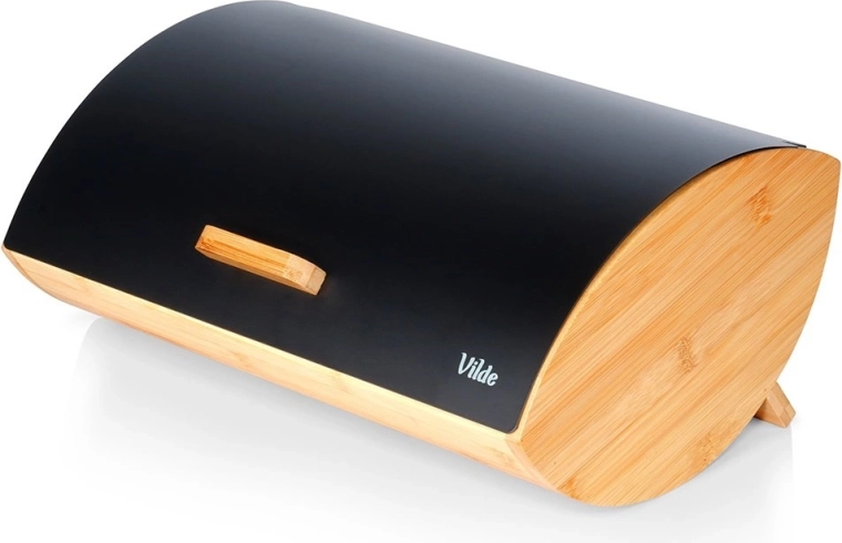 Bamboo and metal bread box, black, 35.5 × 24.5 × 15.5 cm