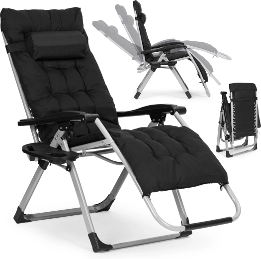 Adjustable garden lounger with cushion and headrest, black MultiGarden