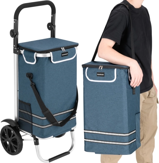 Foldable shopping trolley bag on wheels Bauerkraft 42 l waterproof with thermal pocket, blue