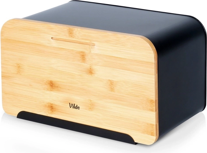 Black metal bread box with bamboo lid and cutting board 35 × 22 × 20.5 cm