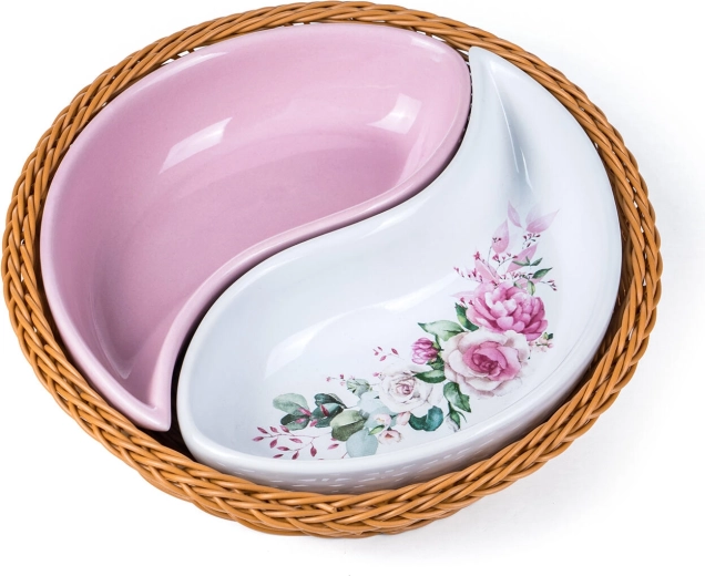 Set keramische schaaltjes in rieten mandje ROSE 20,5 cm