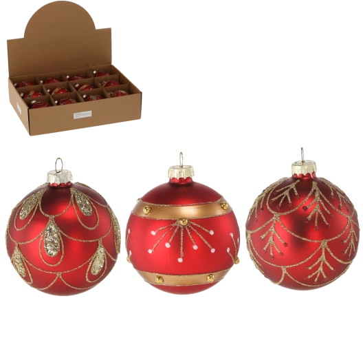 Glaskugel für Weihnachten, rot mit goldenen Verzierungen, 8 cm