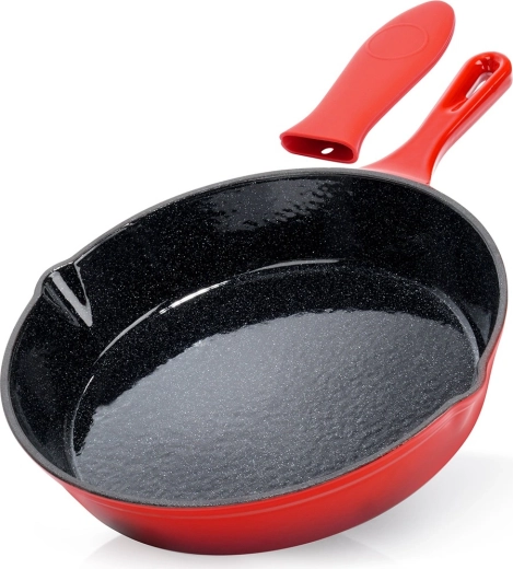 gietijzeren pan met email en siliconen handgreephoes cast enamel 25 cm