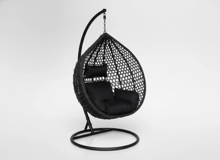 Hanging egg chair black with black cushions and black stand