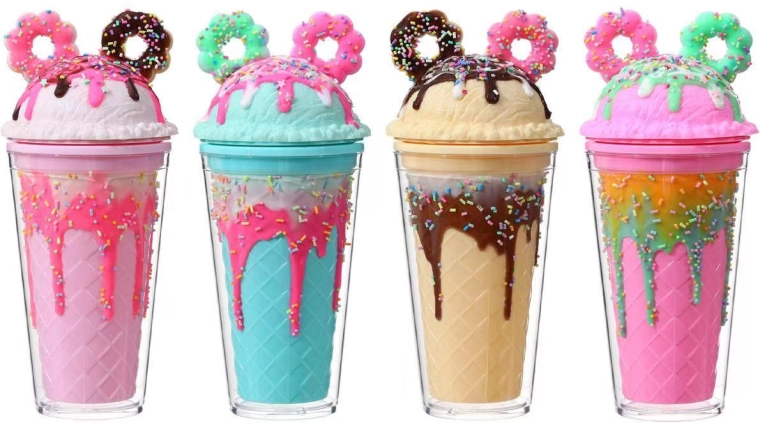 Becher mit Deckel und Strohhalm, Donuts mit Streuseln, 350 ml
