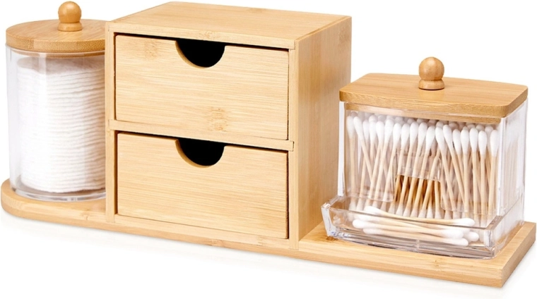 Bamboo bathroom cosmetics organizer with drawers and jars Eleganza