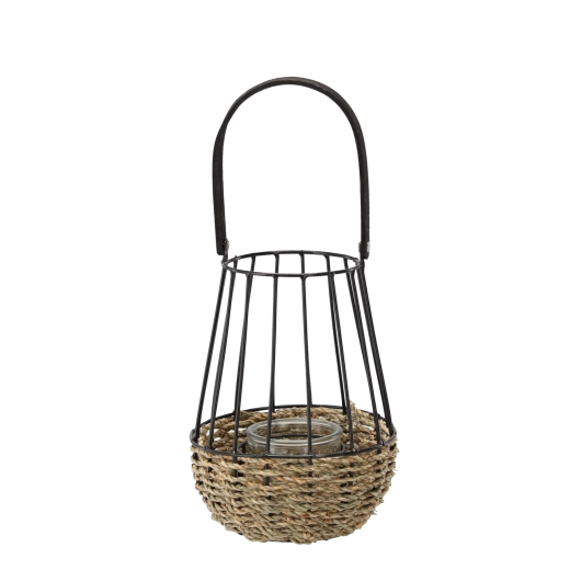 Metalen lantaarn zwart‑bruin met glazen inzet 22 × 37 cm