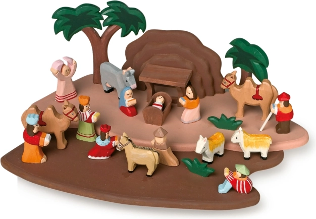 Wooden nativity scene with small foot figurines for children