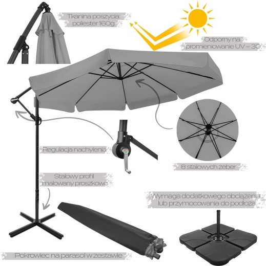 Parasol de jardin pliant 350 cm XXL, graphite, à 8 baleines avec housse