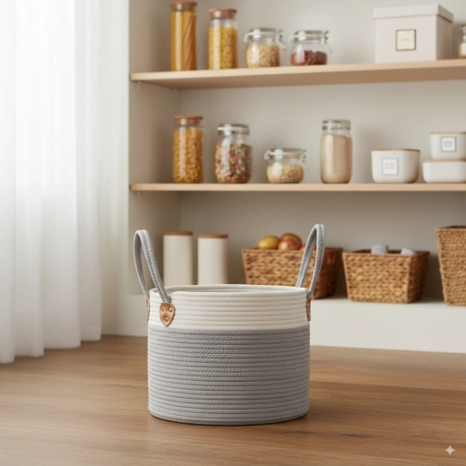 Ronde mand voor wasgoed en speelgoed 30 × 24 cm – grijze textielorganizer met handgrepen