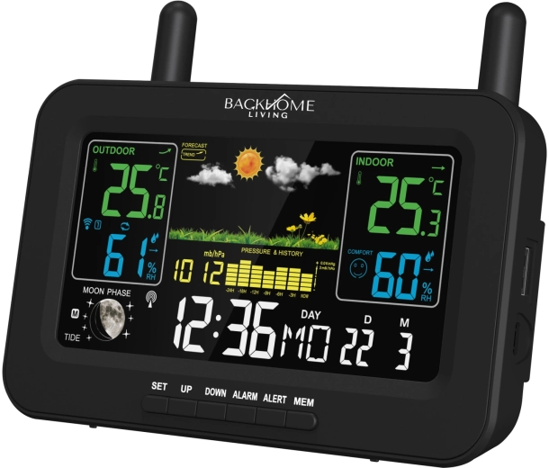Station météo multifonction BackHome Living RCC alimentée sur secteur et par piles noire 16,5 × 4,5 × 13,5 cm