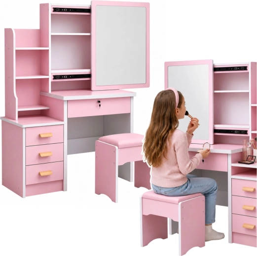 Cosmetic vanity table with large mirror, drawers, shelves and stool, pink, 131 × 80 × 36 cm