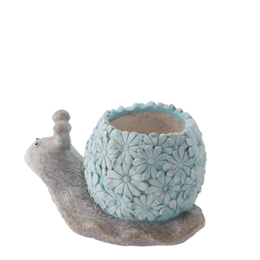 Blue snail-shaped garden planter