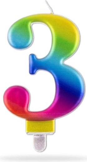 Geburtstagskerze Zahl 3, regenbogenfarben, 7,5 cm