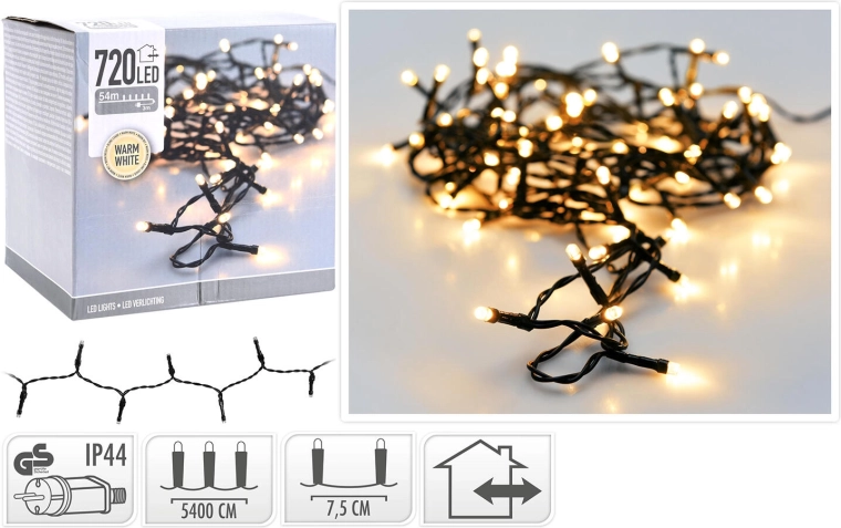 Weihnachtliche LED-Lichterkette 54 m 720 LED warmweiß auf grünem Draht IP44
