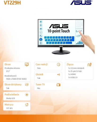 Moniteur 21,5 pouces FHD IPS Tactile 10P HDMI D-SUB USB Haut-parleur