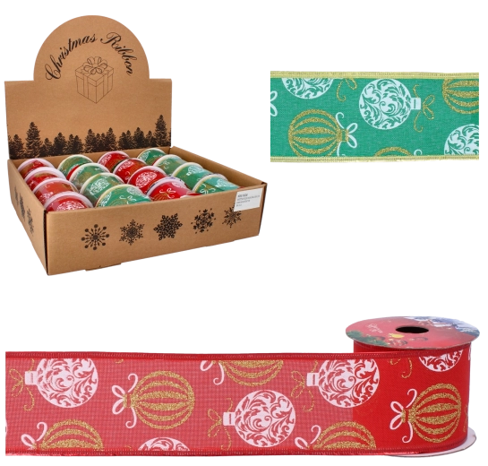 Ruban décoratif de Noël en satin 6,3 cm × 2,7 m avec motif d’ornements