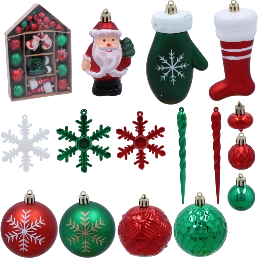 Set van 66 kerstversieringen in groen en rood
