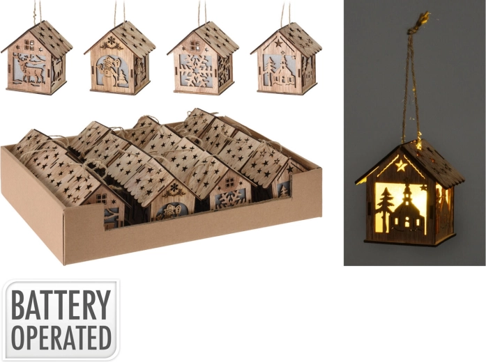 Hangende houten decoratie huisje met LED, 9 cm