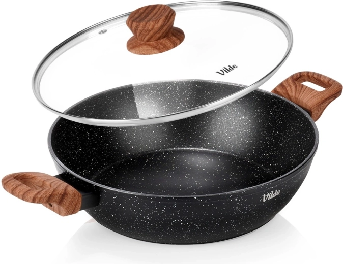 Diepe granieten pan met glazen deksel 28 cm, 3,5 l – Vilde Granitica Wood