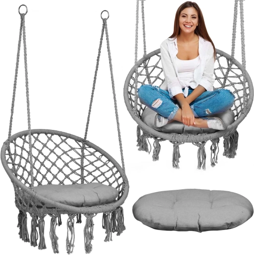 Boho hanging chair with cushion, grey