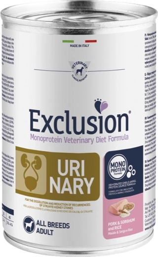 Exclusion Urinary natvoer voor honden van alle rassen, varkensvlees met sorghum en rijst 400 g