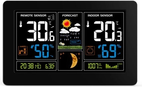 Solight Wetterstation mit extra großem Farb-LCD, Temperatur, Luftfeuchtigkeit und Druck, schwarz
