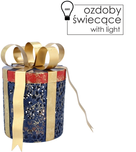 Metal Christmas gift decoration with LED lighting, blue with a gold bow