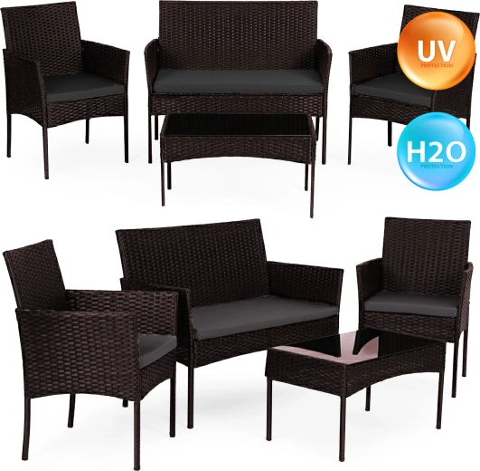 Garden rattan seating set for 4 people with bench, armchairs and glass table MULTIGARDEN, dark brown