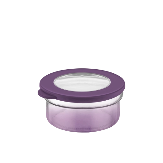 Ronde glazen container 415 ml met paarse deksel