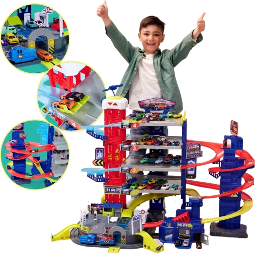 Large Super Chase Center Garage with Tracks and 4 Cars with Lights and Sounds MAJORETTE