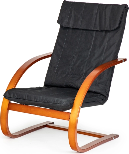 Fauteuil lounge à bascule finlandais ModernHome pour salon – tissu noir, bois de noyer