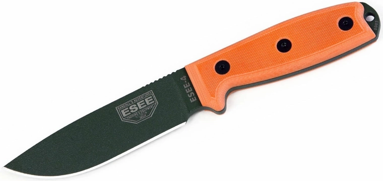 ESEE 4P OD universeel mes 11,4 cm, zwart oppervlak, oranje G10-handgreep, kunststof schede