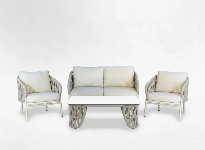 Tuinloungeset van aluminium 2+1+1 met salontafel, beige