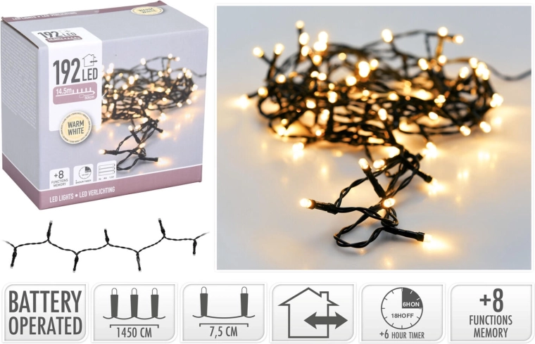 Christmas LED lights 15 m, 192 LEDs, warm white, 8 functions, IP44