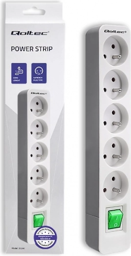 White gray power strip with 5 sockets and 1.8m cable