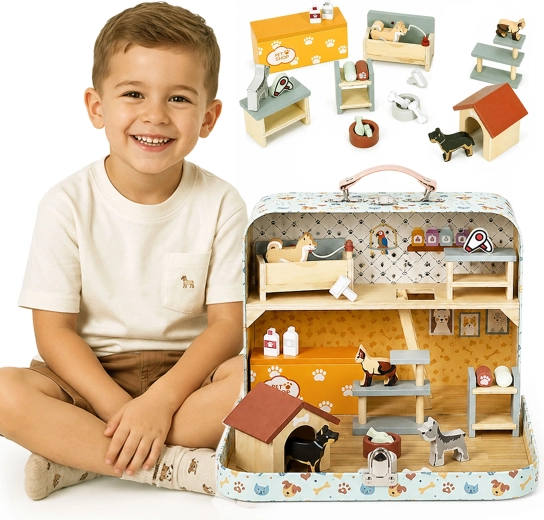 Ecotoys houten dierenwinkel in draagkoffertje, dubbeldeks (23 accessoires)