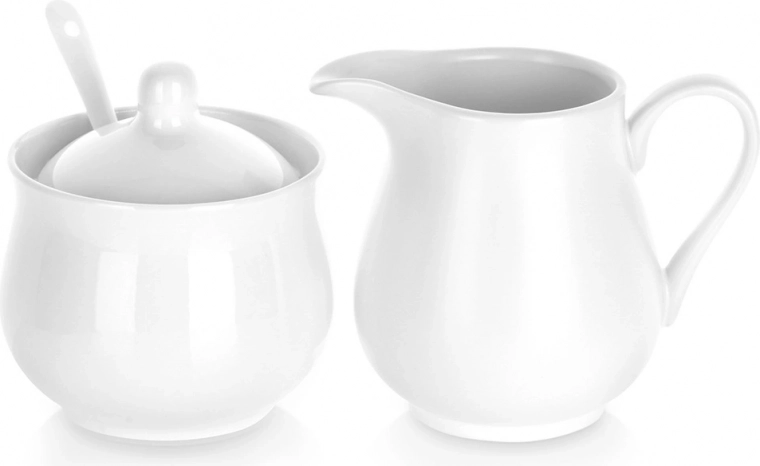 Sucrier et crémier en porcelaine, blanc, set 3 pièces