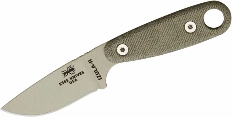 ESEE Izula II Desert Tan survival knife with micarta and sheath