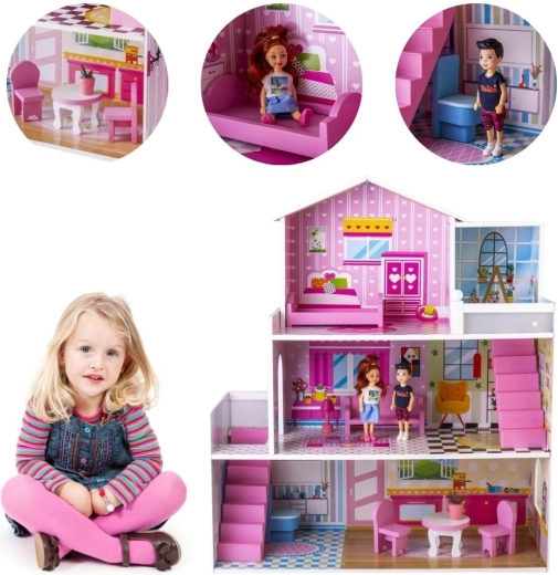 Houten poppenhuis met meubels (voor poppen tot ca. 18 cm) - 1 stuk