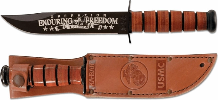 Ka-Bar commemorative military knife U.S.M.C. OEF Afghanistan 17.8 cm, black, leather handle, leather sheath