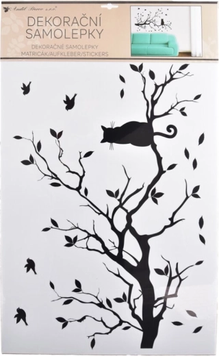 Wall sticker branch with cat, black 60 × 42 cm